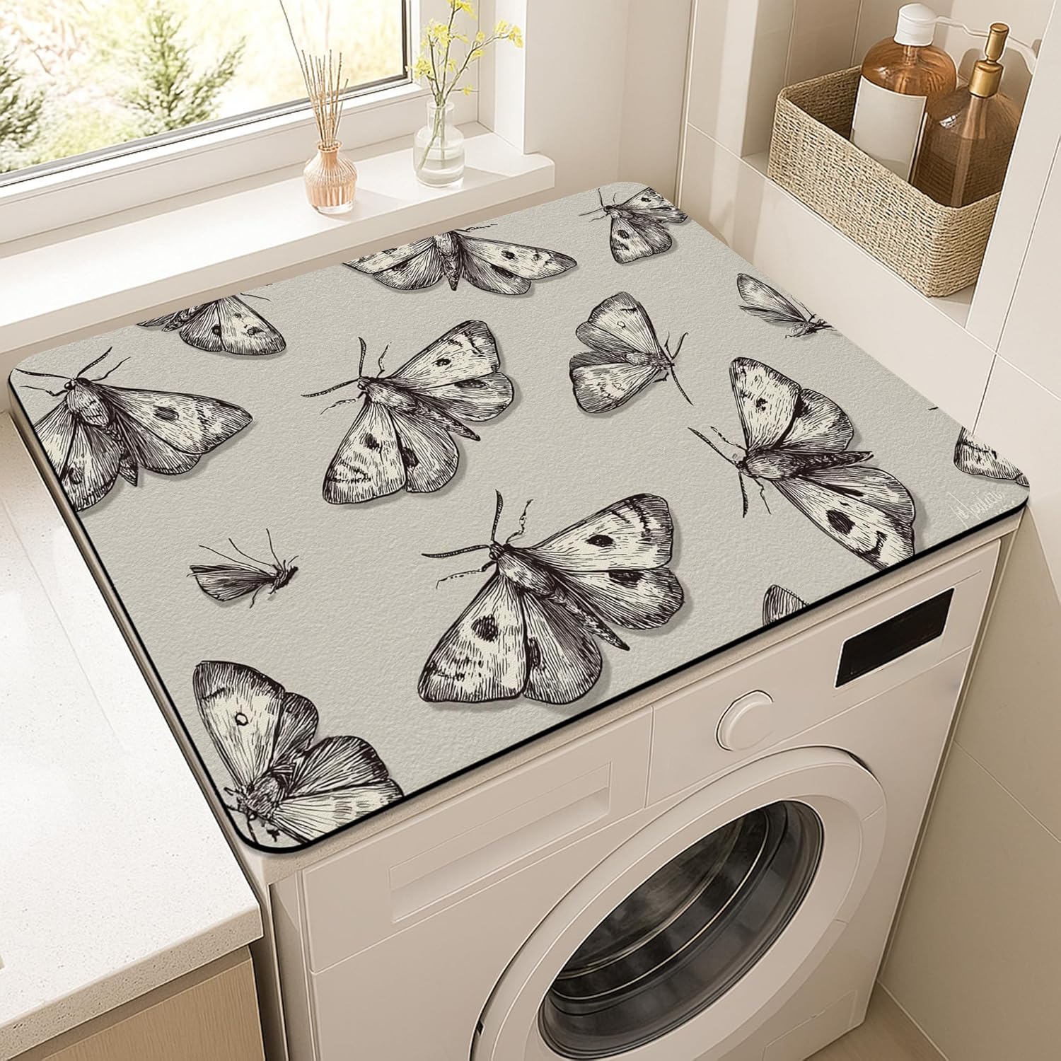 Moth Pattern Washer Dryer Top Protector Mat, Vintage Botanical Laundry Machine Dust Cover, Elegant Rubber Anti-slip Waterproof Washer And Dryer Mats for Laundry Room 20x24 Inch