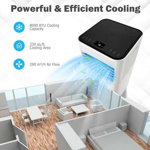 DORTALA Portable Air Conditioners 8000 BTU, AC Cooling Uint with Dehumidifier, Remote Control, 24H Timer & Window Kit, Stand up Air Conditioner for Bedroom, Dorm, Cools up to 230 sq.ft, White+Black