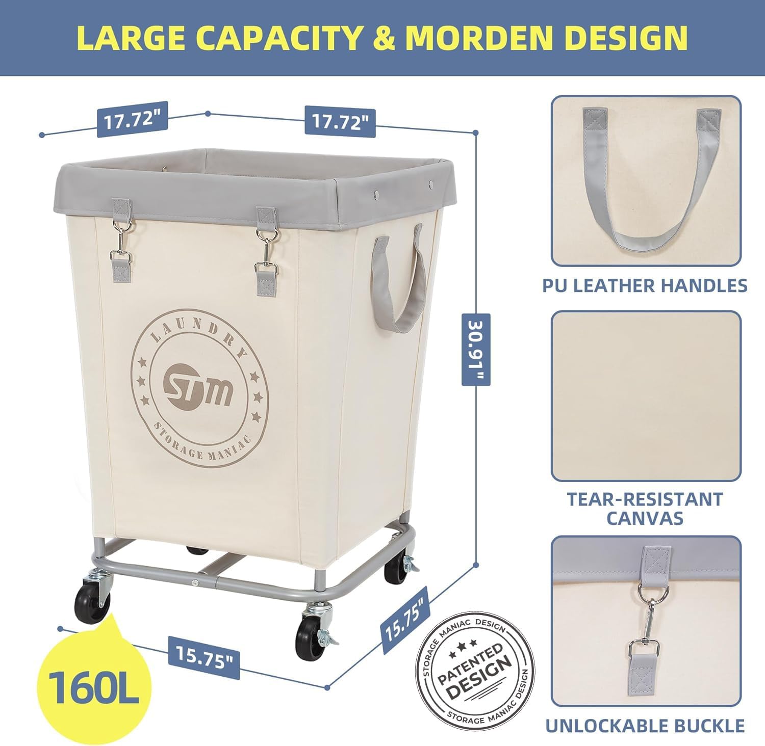 STORAGE MANIAC Commercial Laundry Hamper with Heavy Duty Steel Frame, 160 L Industrial Laundry Basket Cart with Wheels for Hotel, Home, Laundry Room, 17.72''L x 17.72''W x 30.91''H, Medium Beige