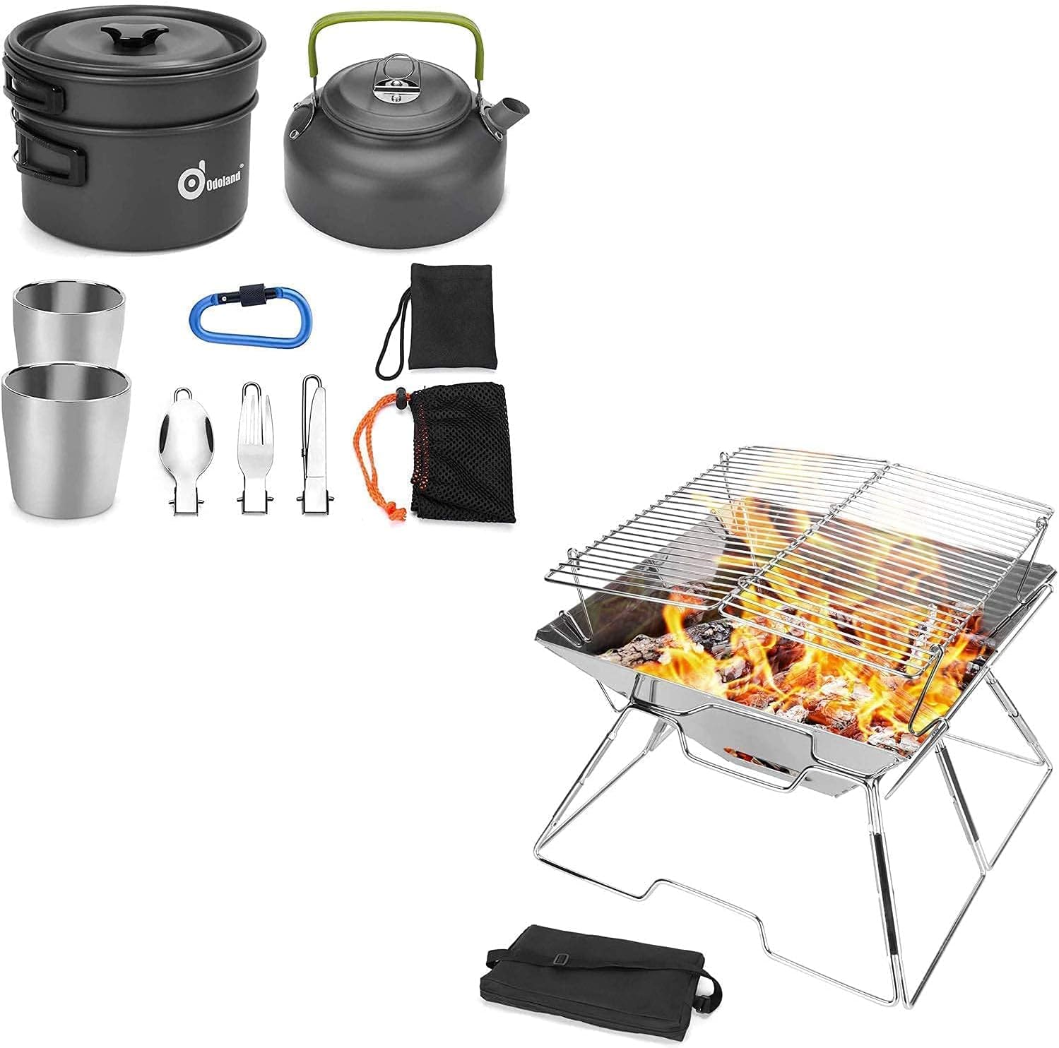 Odoland Bundle – 2 Items 10pcs Camping Cookware Mess Kit and Folding Campfire Grill, Camping Fire Pit, Outdoor Wood Stove Burner for Outdoor Backpacking Hiking BBQ