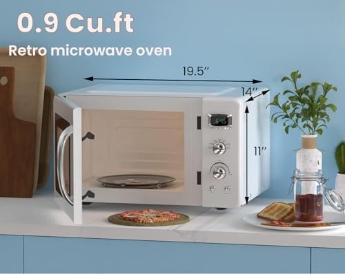 Retro Microwave Oven 0.9Cu.ft，900W Compact Countertop Microwave w/5 Micro Power & 8 Auto Cooking, Child Lock, Timer Setting & Glass Turntable, LED Display, Mint Green