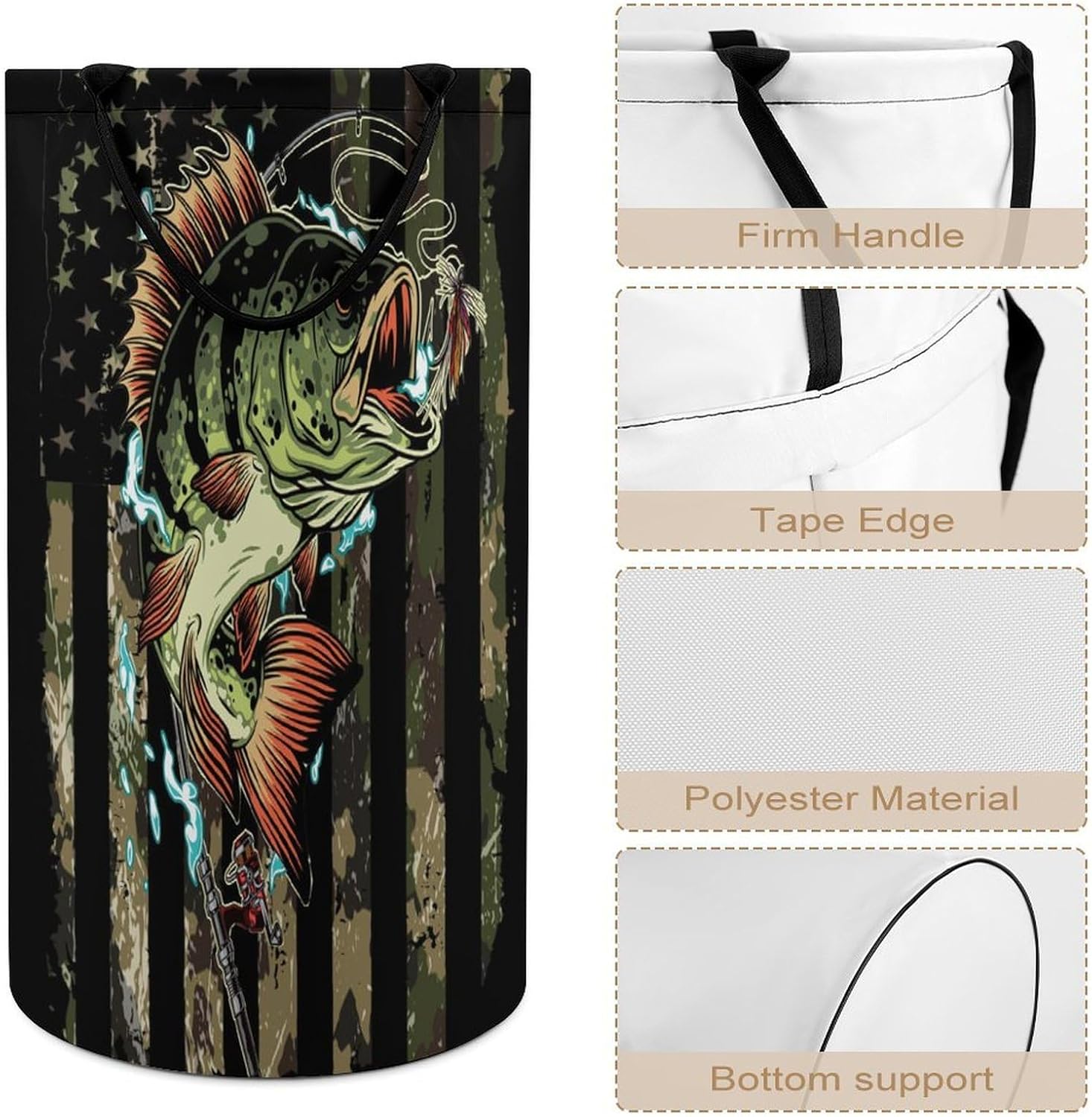 Watercolor American Flag Camo Fishing Laundry Hamper Dirty Clothes,Rustic Camouflage Hunting Theme Fishing Large Laundry Basket Storage Basket For Bathroom 15.7W