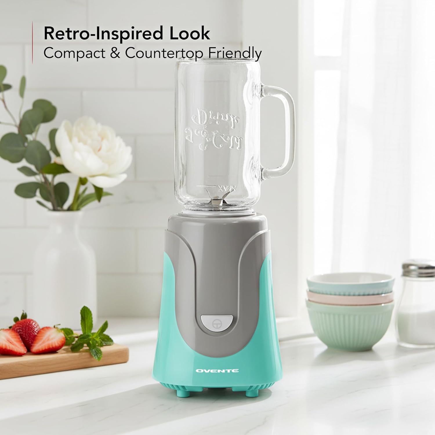 OVENTE Retro Personal Blender and Smoothie Maker with 18 Oz Mason Jar, 300W Base, Stainless Steel Blades, BPA-Free and Dishwasher Safe Container, Includes Reusable Straw and Lid, Turquoise BLH1002T