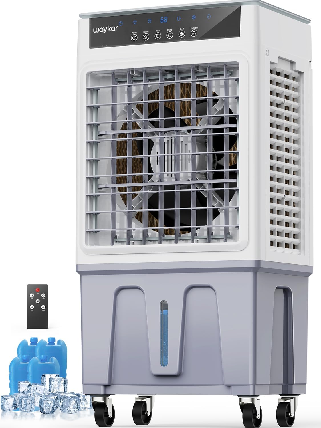 Waykar Swamp Cooler, 3500 CFM Evaporative Air Cooler with 6 Gals Water Tank, 950 Sq.Ft. Portable Air Conditioner with 4 Ice Pack, 120°/60°Oscillation, 3 Models for Garage, Yard, Commercial Use