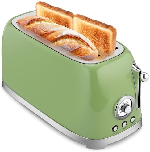SUSTEAS Toaster 4 Slice Wide Slot, Stainless Steel Bread Bagel Toasters, Retro Long Slot Tostadora for Defrost, Reheat, Removable Crumb Tray, 1500W, 6 Browning Settings, Green