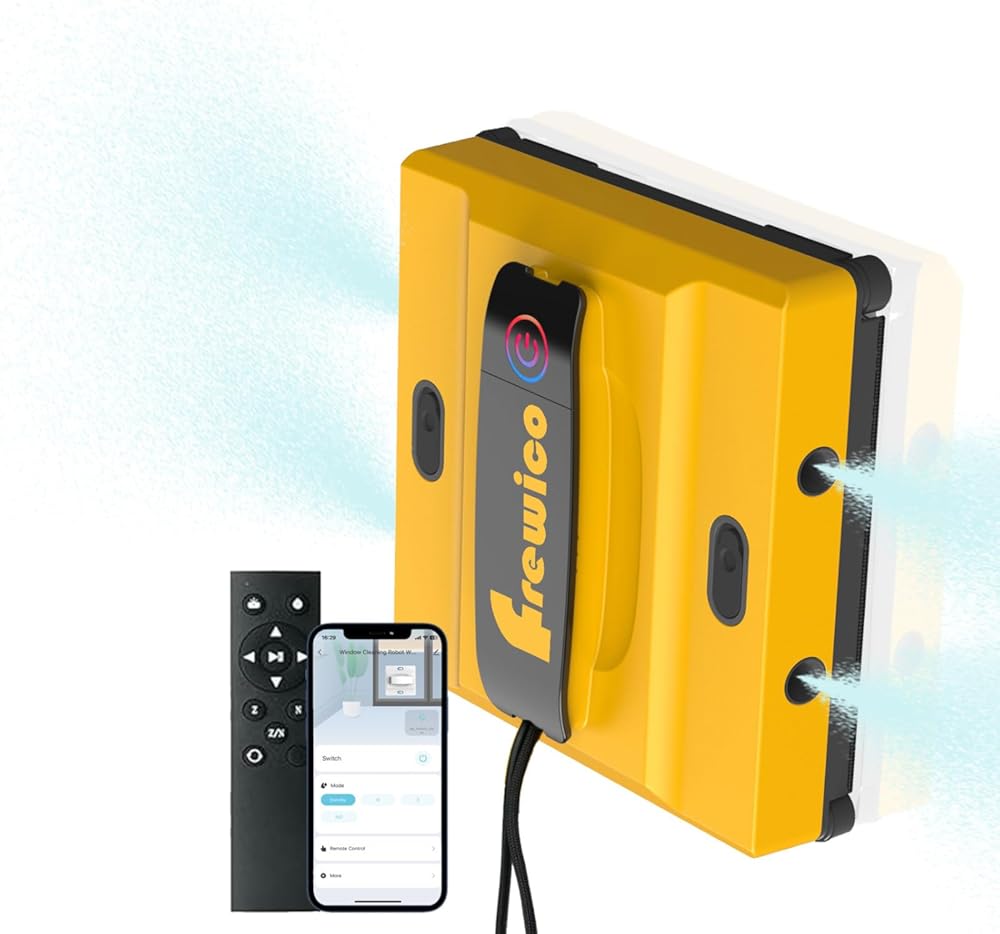 Frewico Window Cleaner Robot with Dual Ultrasonic Water Spray, 5600Pa Suction Smart Robotic Glass Cleaner, APP & Remote Control, Anti-Falling System for Frameless Windows, High-Rise, Shower, Tiles