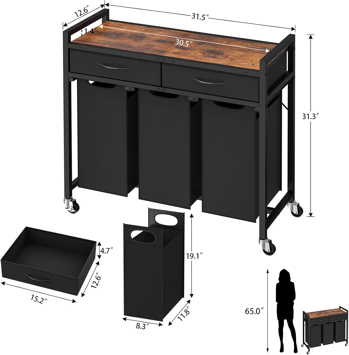 Laundry Sorter 3 Section, 120 L Laundry Hamper with 2 Drawers & 2-tone Top Panel, Rolling Laundry Basket Organizer with Pull-Out Removable Oxford Fabric Bags for Laundry Room Organization