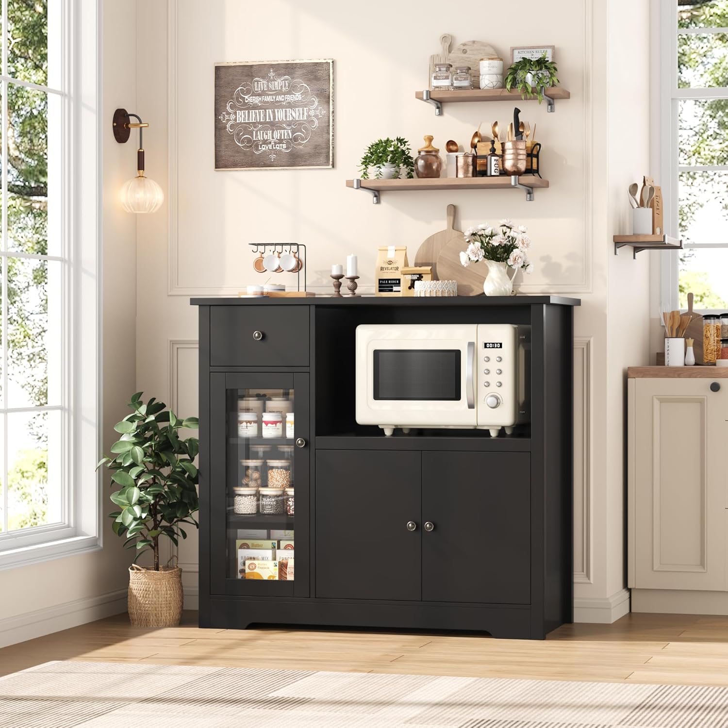 HORSTORS Microwave Cabinet, Kitchen Storage Cabinet with 3 Doors and 1 Drawer, Buffet Sideboard with Adjustable Shelves, Microwave Stand for Kitchen, Dining Room, Black