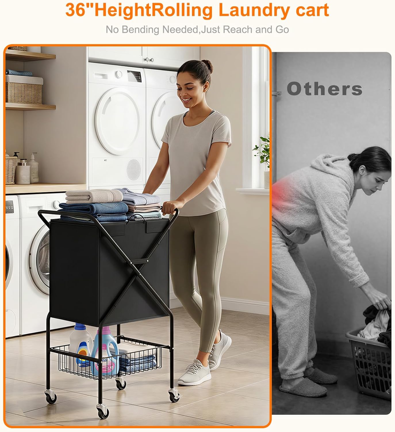 Laundry Basket with Wheels:88L Rolling Laundry Cart Foldable Metal Frame Dirty Clothes Laundry Hamper 36