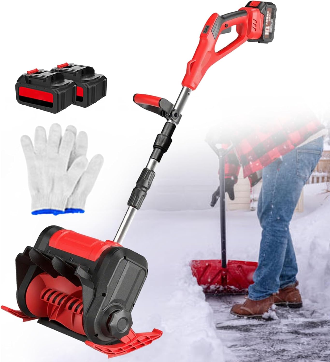 Home Electric Snow Shovel, Compact Handheld Snow Removal Equipment, Rechargeable Outdoor Snow Thrower,3-Way Chute Control,Cleaning Width Up to 30 cm,for Yard/Farm/Road Red-2batteries
