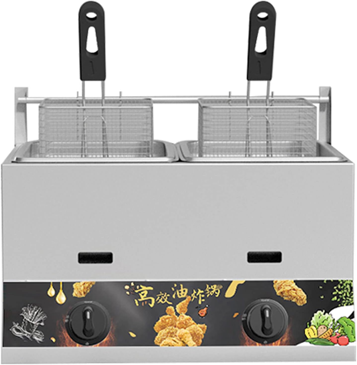 Stainless Steel LPG Gas Fryer for Chips Donuts Fish, 10L/23L Large Capacity Commercial LPG Fryer, Multi-Function Gas Deep Fryer, Adjustable Firepower, for Chips（Gas-20L Double Tank）