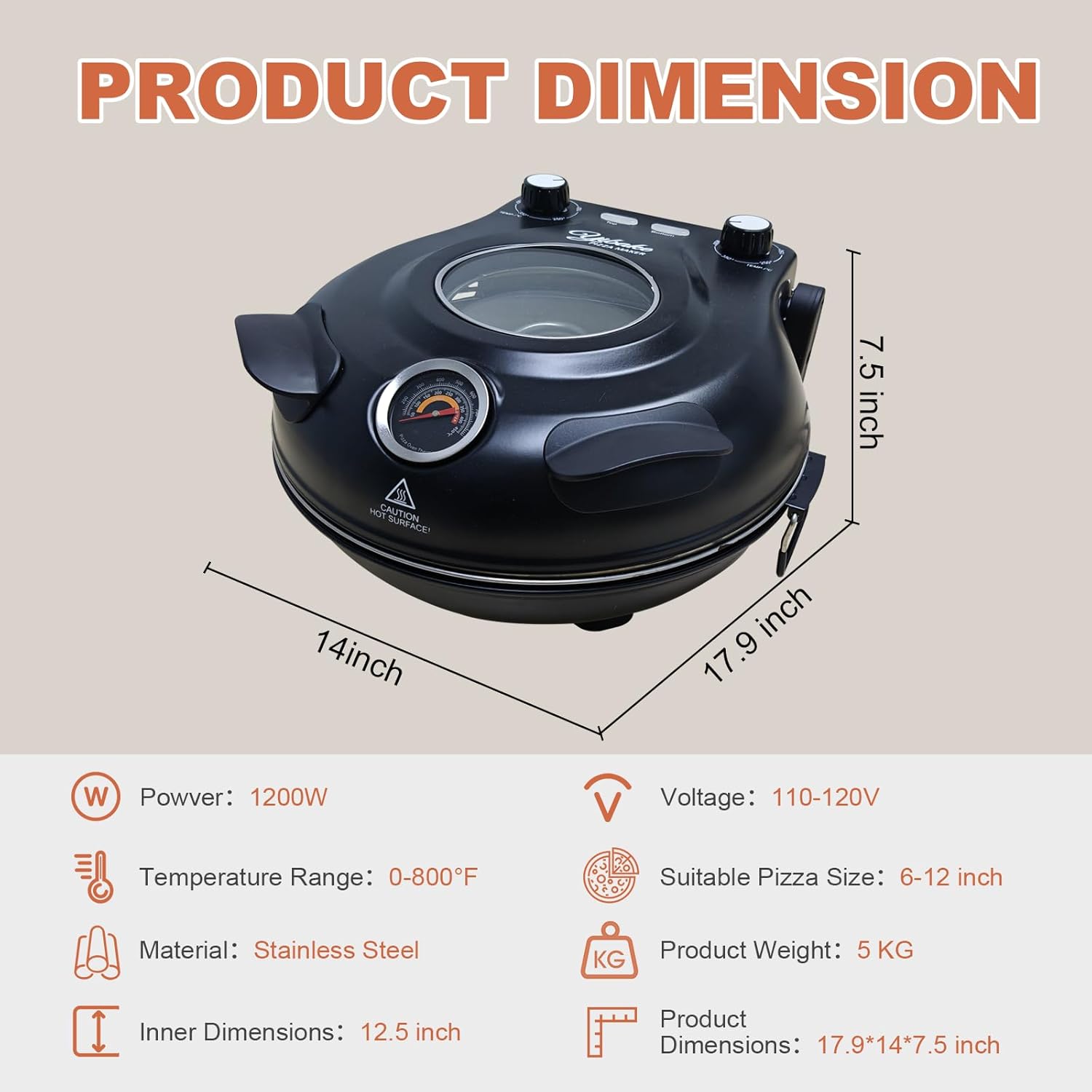 Electric Pizza Maker, 12 Inch Countertop Pizza Oven with Pizza Stone, 1200W Indoor Italian Style Pizza Cooker, Dual Heating with Independent Temperature Control, Heats Up to 800°F, White
