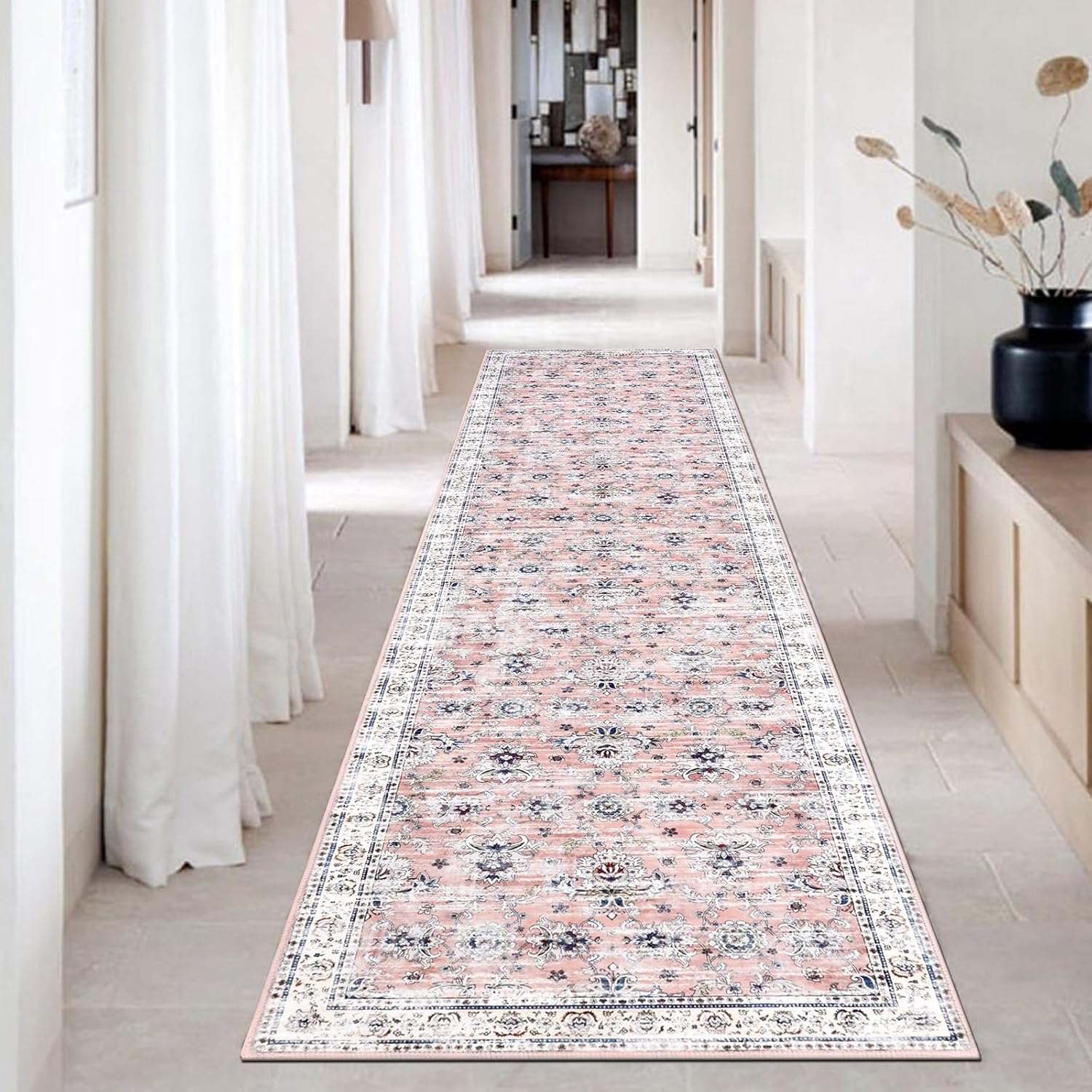 Ileading Vintage Boho Floral Runner Rug 2x8 Non Slip Kitchen Floor Mat Machine Washable Hallway Carpet Non-Shedding Soft Faux Wool Throw Rug for Entryway Laundry Bedroom Livingroom(Pink)