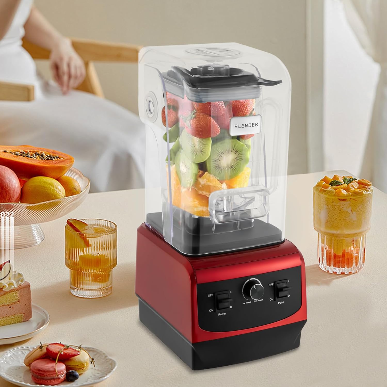 Food Blender, 2.2L Tabletop Blender Frappe Machine with Soundproof, 8.27 * 9.84 * 18.9in Commercial Blender with Food Pusher, Smoothie Machine for Homes/Snack Shops/Coffee Shops/Dessert Shops (Red)