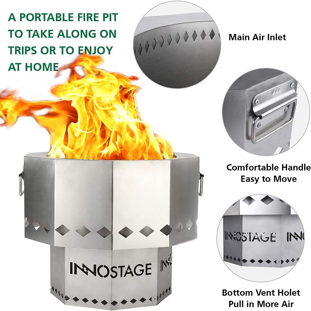 INNO STAGE Stainless Fire Pit with Portable Carrying Storage Bag, Patented Smoke- Firepit Bowl for Wood Pellet with Stand for Outdoor Campfire Flame or Bonfire BBQ on Patio Garden Backyard - M