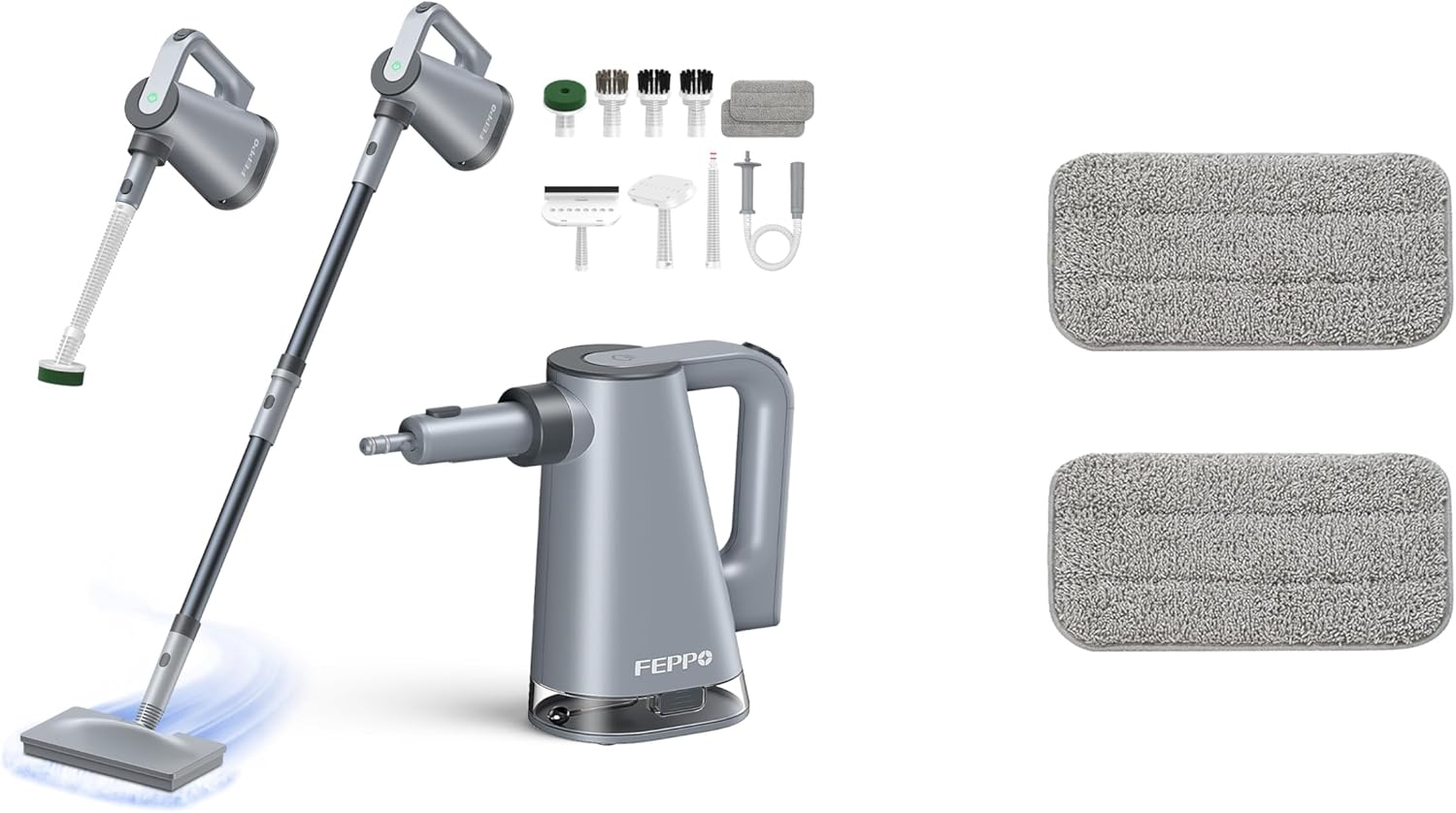 FEPPO 2-in-1 Steam Mop & Handheld Cleaner Bundle with 10-in-1 Accessories & 4 Washable Pads (Includes 2 Extra Pads) - 1300W Powerful Steamer for Floors, Hardwood, Tile, Grout, Windows, Kitchen, Bath