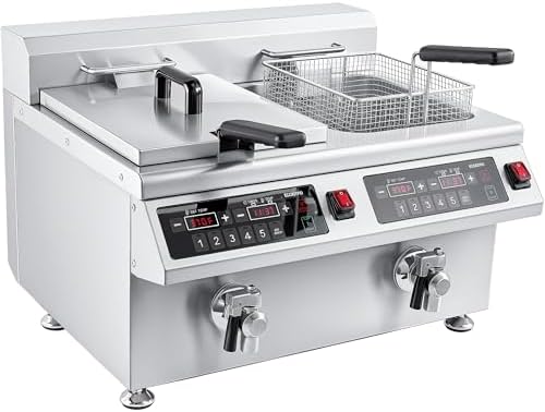 EGGKITPO Induction Fryer 24L Dual Tank Deep Fryer with Basket and Lid Countertop Electric Fryer with Timer and Oil Drain Stainless Steel Commercial Fryer for Large Restaurant and Business 120V 3600W