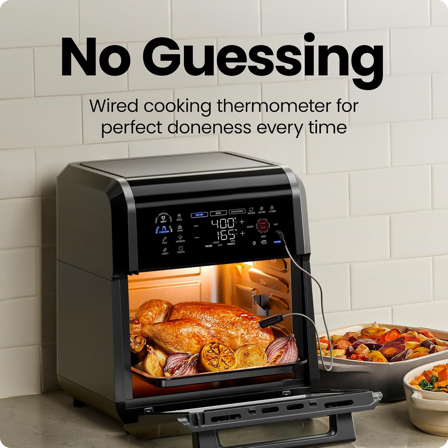 CHEFMAN ExacTemp™ 12 Quart 5-in-1 Air Fryer with Integrated Smart Cooking Thermometer, 28 Touchscreen Presets, Rotisserie, Dehydrator, Bake, XL Convection Oven with Auto Shutoff, Black