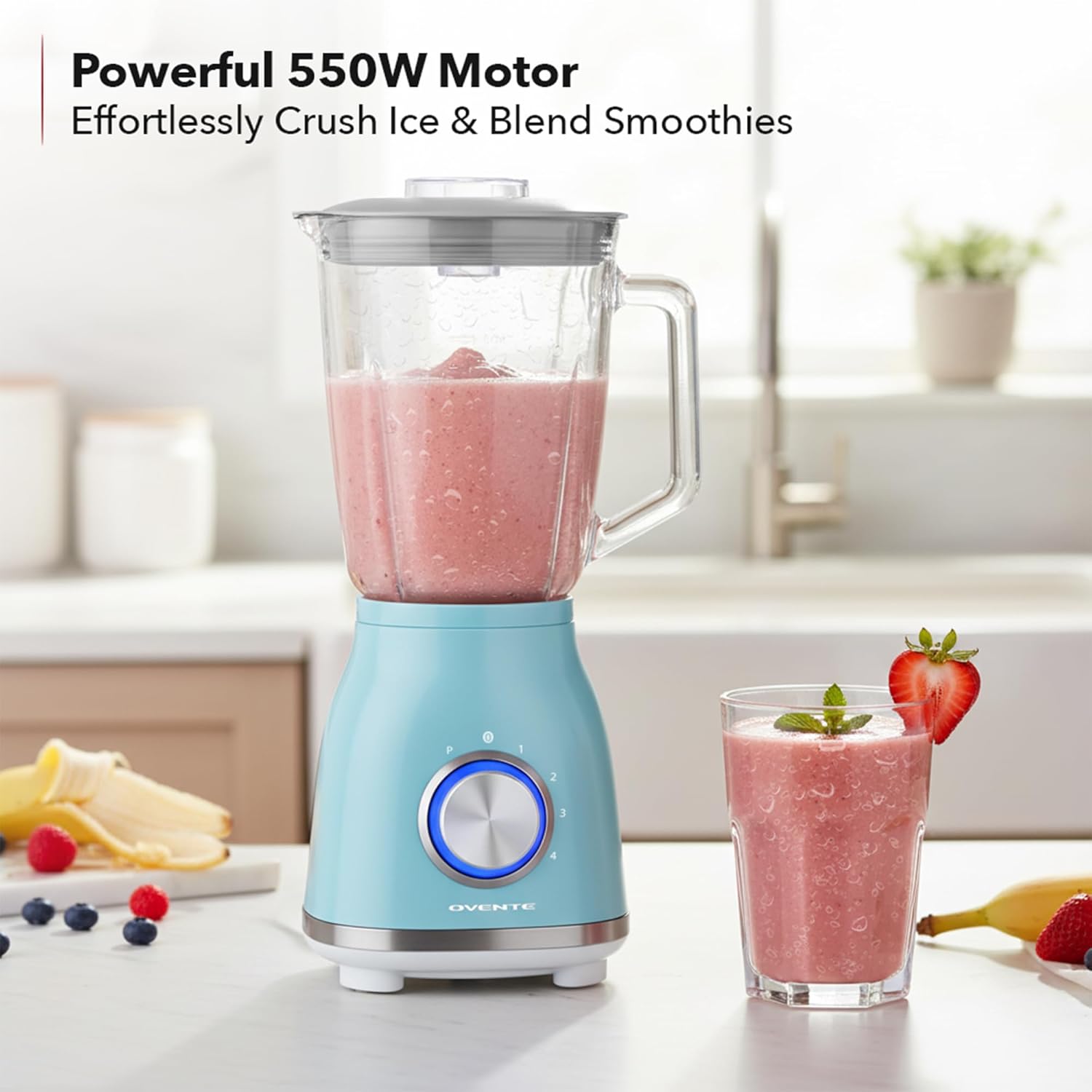 OVENTE Countertop Blender for Shakes and Smoothies with 550W Motor, 50 Oz Glass Jar and Adjustable 4 Speed Settings Ideal for Frozen Fruit Drinks, Puree, Ice Crush, Sauces and More, Blue BLH2604LBL