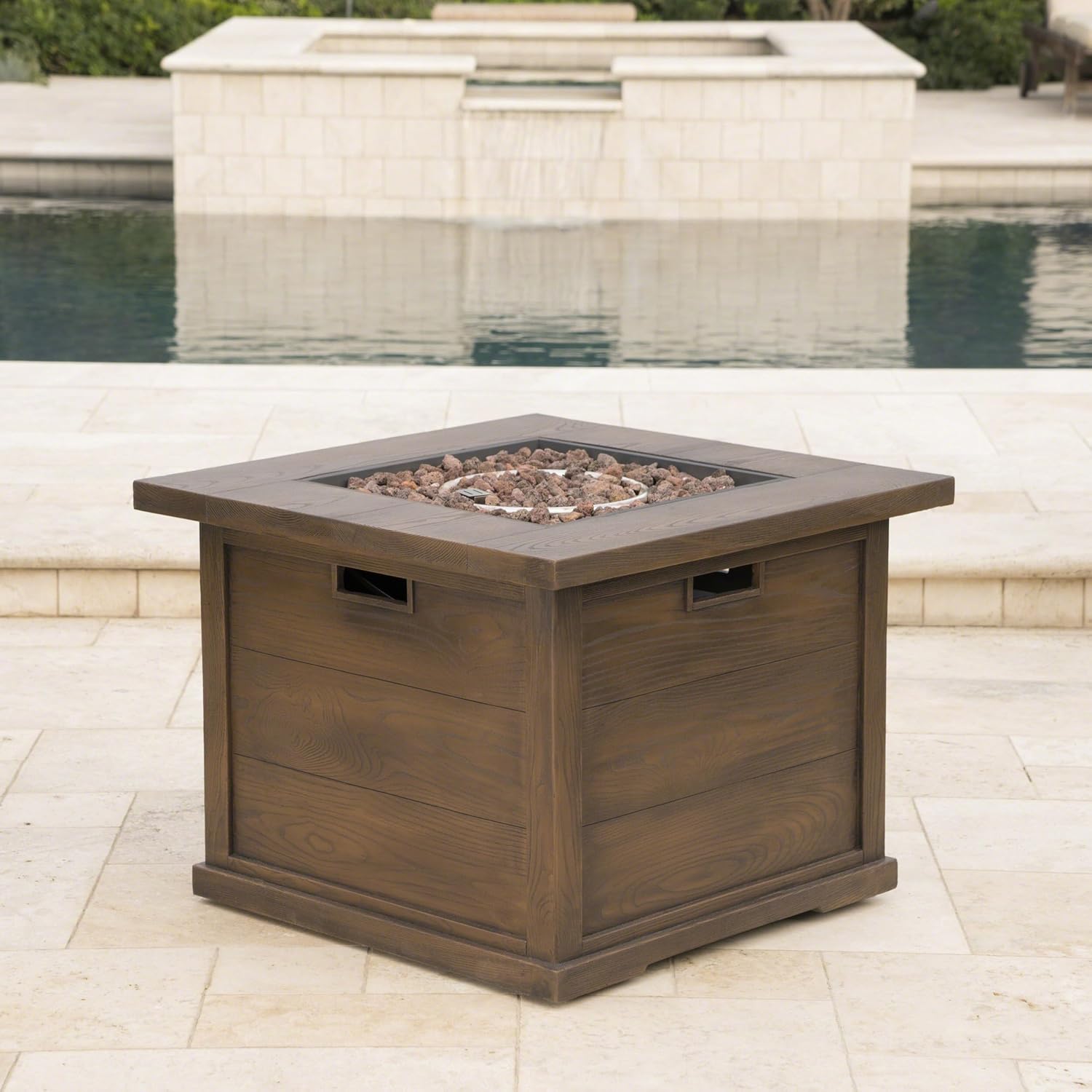 Patio Square Gas Fire Pit 24 Inches H 32 Inches W, Concrete Wood Pattern-Brown, 40,000 Btu with 1 Door – Outdoor Heating Solution (1 Doors)