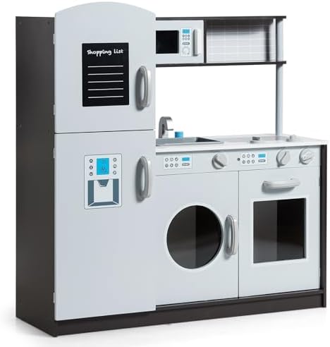 Costzon Kids Play Kitchen, Wooden Kids Kitchen Playset w/Realistic Sound, Microwave, Oven, Washing Machine, Refrigerator, Sink, Toy Kitchen, Gift for Boys Girls Age 3+