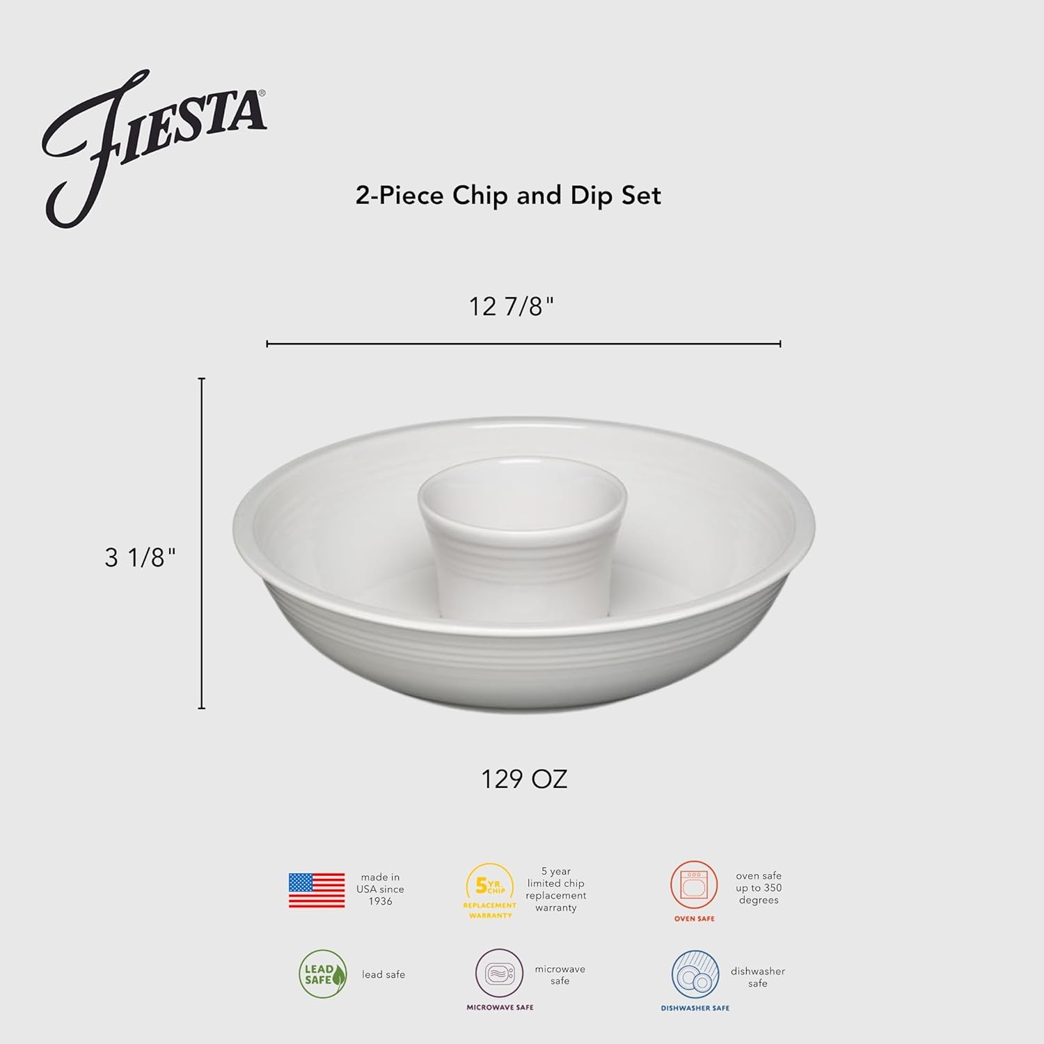 Fiesta® 2-Piece Chip and Dip Set 12 7/8” – Durable Ceramic, Lead-Free, Dishwasher/Microwave/Oven Safe – Made in USA - Peony