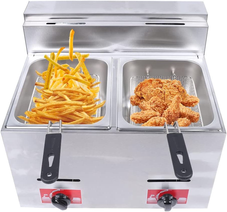 Gas Fryer, Frying Machine With 2 Basket And Lid Stainless Steel Countertop Stainless Steel Liquefied Petroleum Gas Fryer, Stainless Steel Double Oil Fryer For Turkey, French Fries, Doughnuts, Etc.
