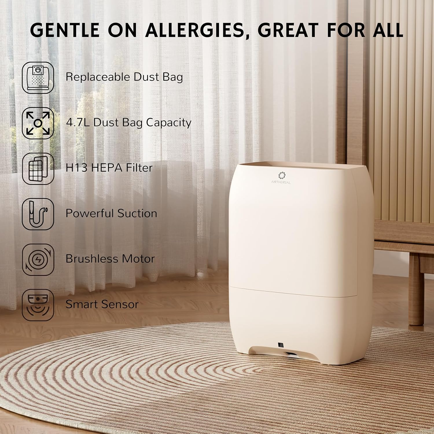 AIRTHEREAL T1 Plus Touchless Vacuum Automatic Dustpan with 6-Pack Disposable 4.7L Dust Bags, 3 Suction Modes, HEPA Filter, Ideal for Pet Owners, 20Kpa 1500 Watt Powerful Suction for Kitchen, Salon