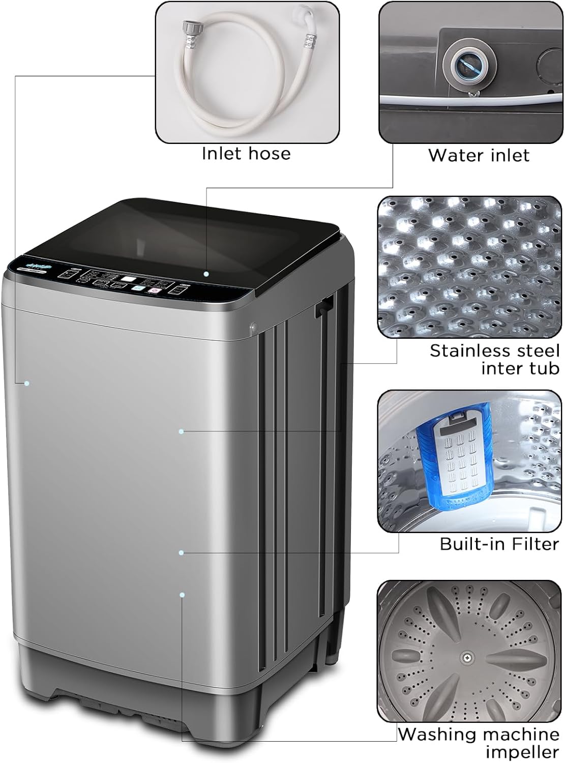 25 lbs Portable Washer Drain Pump, 10 Programs & 8 Water Levels, KRIB BLING Full Automatic Washing Machine with LED Display, Ideal for Camping, Apartment, Dorm, Dark Grey