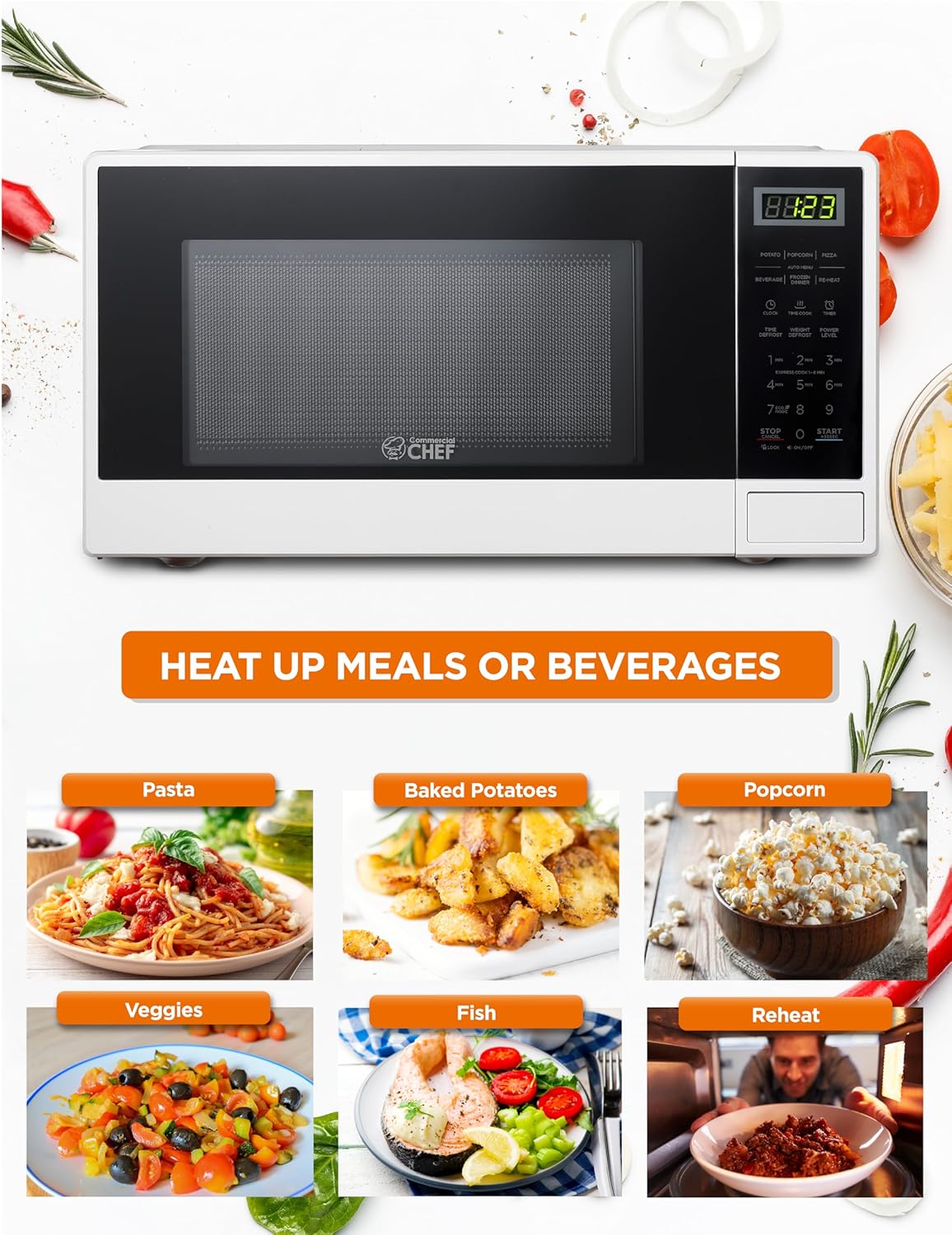 COMMERCIAL CHEF 0.9 Cu Ft Microwave with 10 Power Levels & 1.1 Cu Ft Microwave with 10 Power Levels