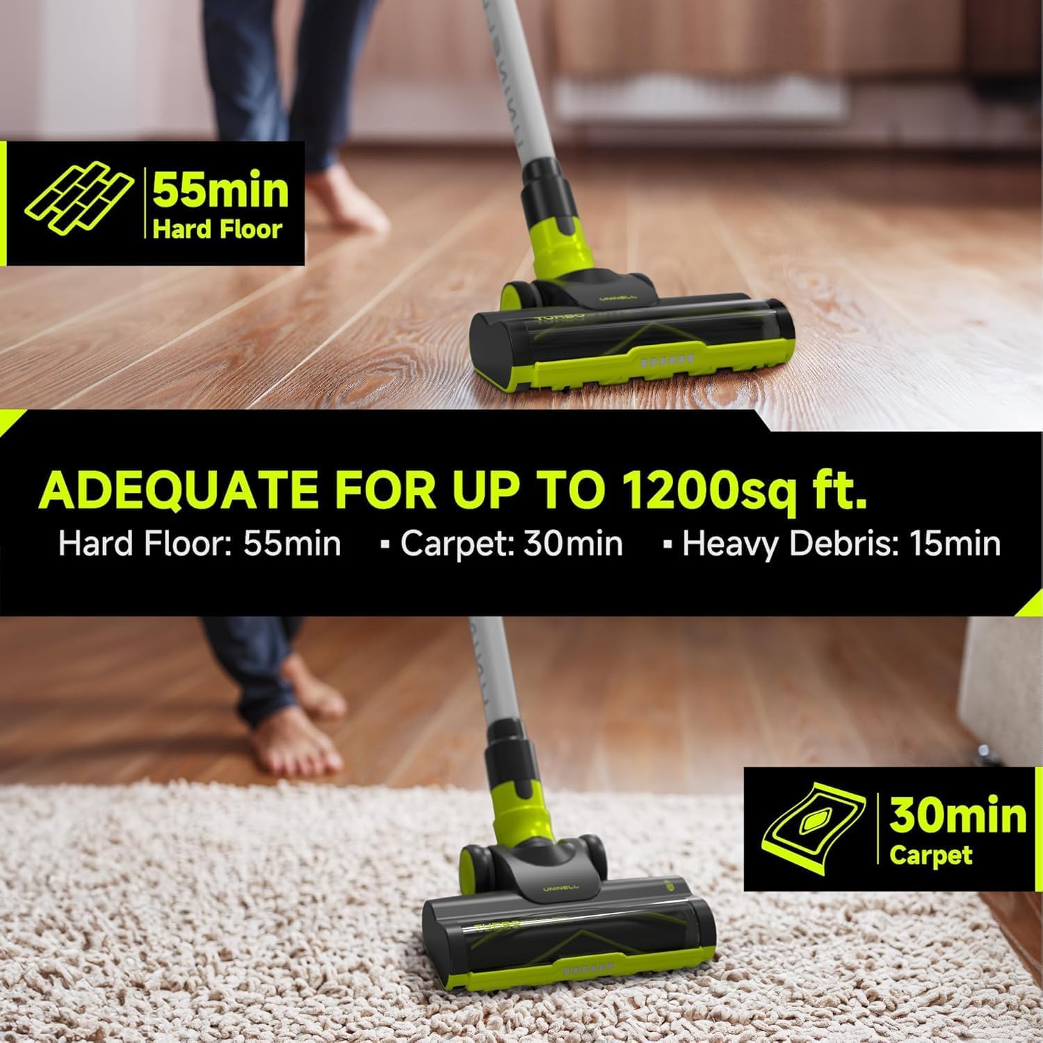 UNINELL HOME Cordless Vacuum Cleaner, 45Kpa 55 Mins Vacuum Cleaners for Home, Lightweight, Anti-Tangle, Self-Standing, Rechargeable Vacuum Stick Cordless for Pet Hair, Floors, Carpet