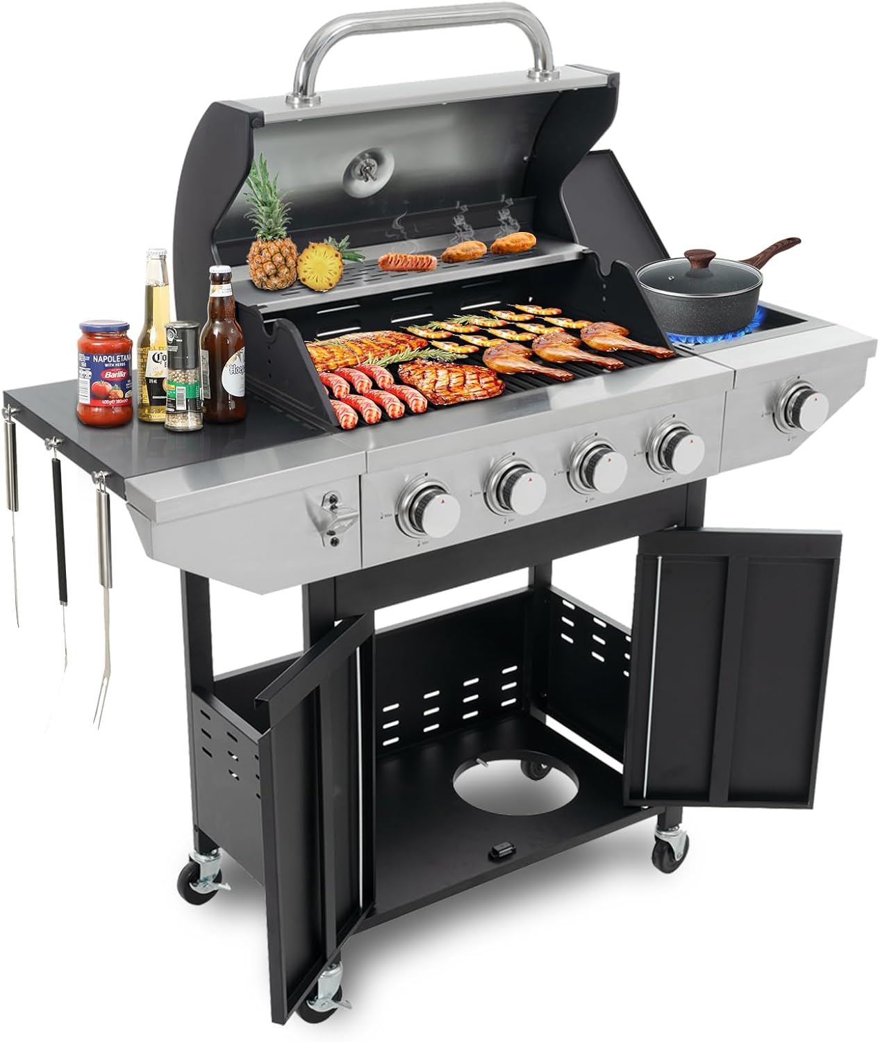 4-Burner Propane Gas Grill BBQ Stainless Steel Outdoor Cooking Grill with Side Burner, 46,700 BTU, Removable Grease Tray, Barbecue Grill,Perfect for Camping, Backyard, Patio, Deck