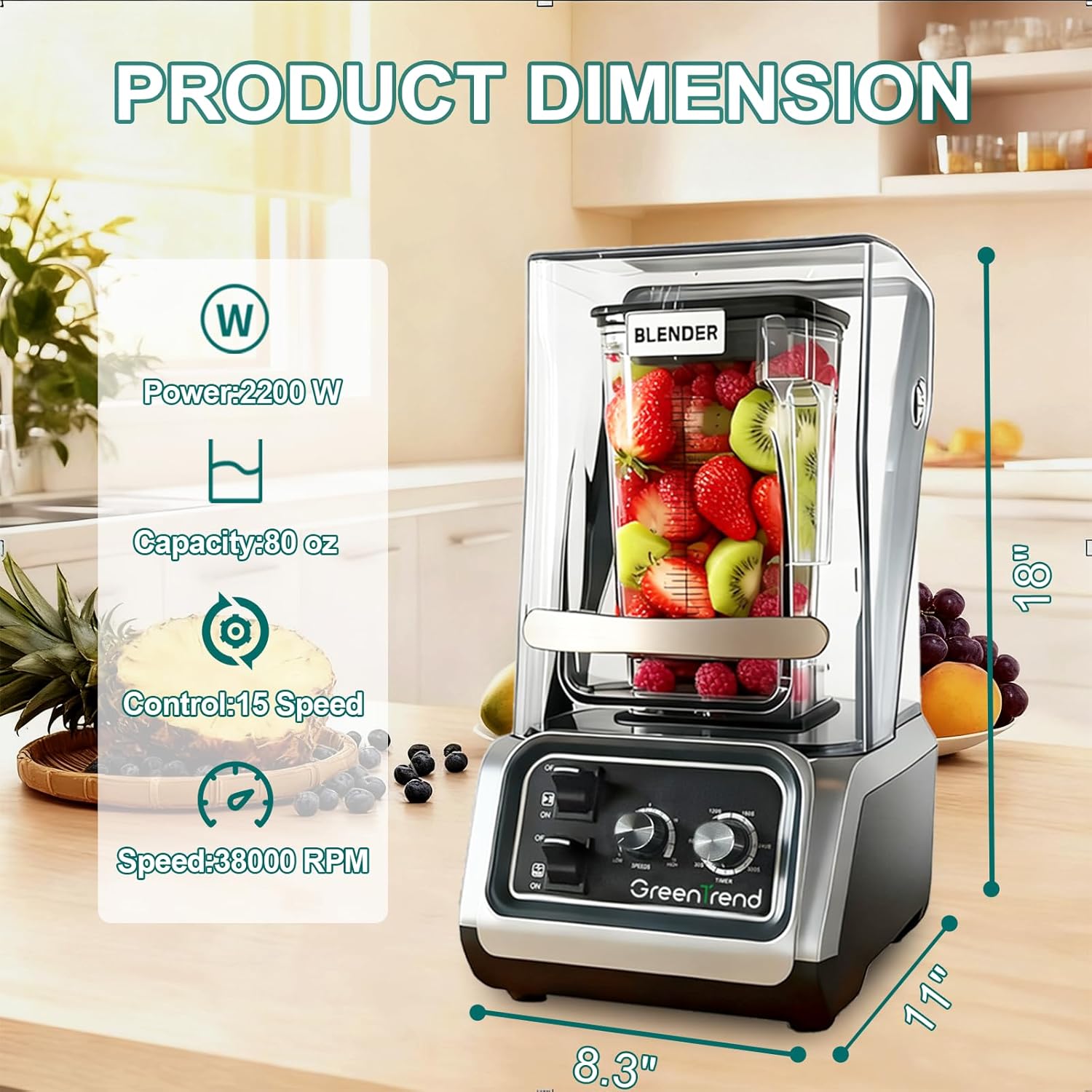 2200W Commercial Blender with Soundproof Enclosure | 80oz BPA-Free Jar | Self-Cleaning & Ice Crush Pro | Quiet Smoothie & Shake Maker for Restaurants, Kitchens, Cafes, Smoothie Bars