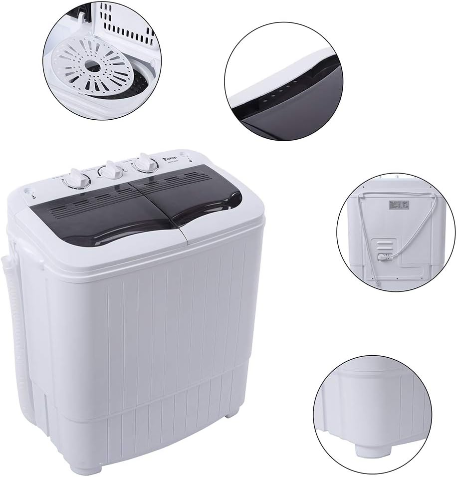 Compact Mini Twin Tub Washing Machine, Portable Laundry Washer w/Wash and Spin Cycle Combo, Built-in Gravity Drain, 14lbs Capacity for Camping, Apartments, Dorms, College Rooms, RV’s and more