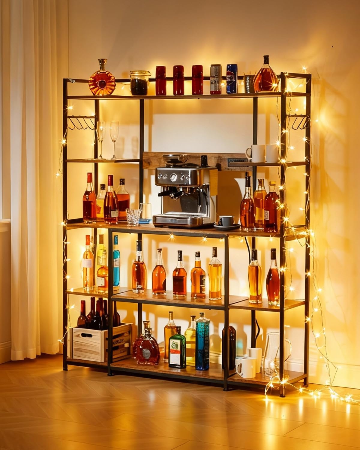 Garvee Kitchen Bakers Rack with Power Outlet 55 * 66inch, Microwave Oven Stand with Storage 4 Tiers, Coffee Bar Table with 6 S Hooks, Kitchen Storage Shelf Rack for Spices, Pots, Rustic Brown