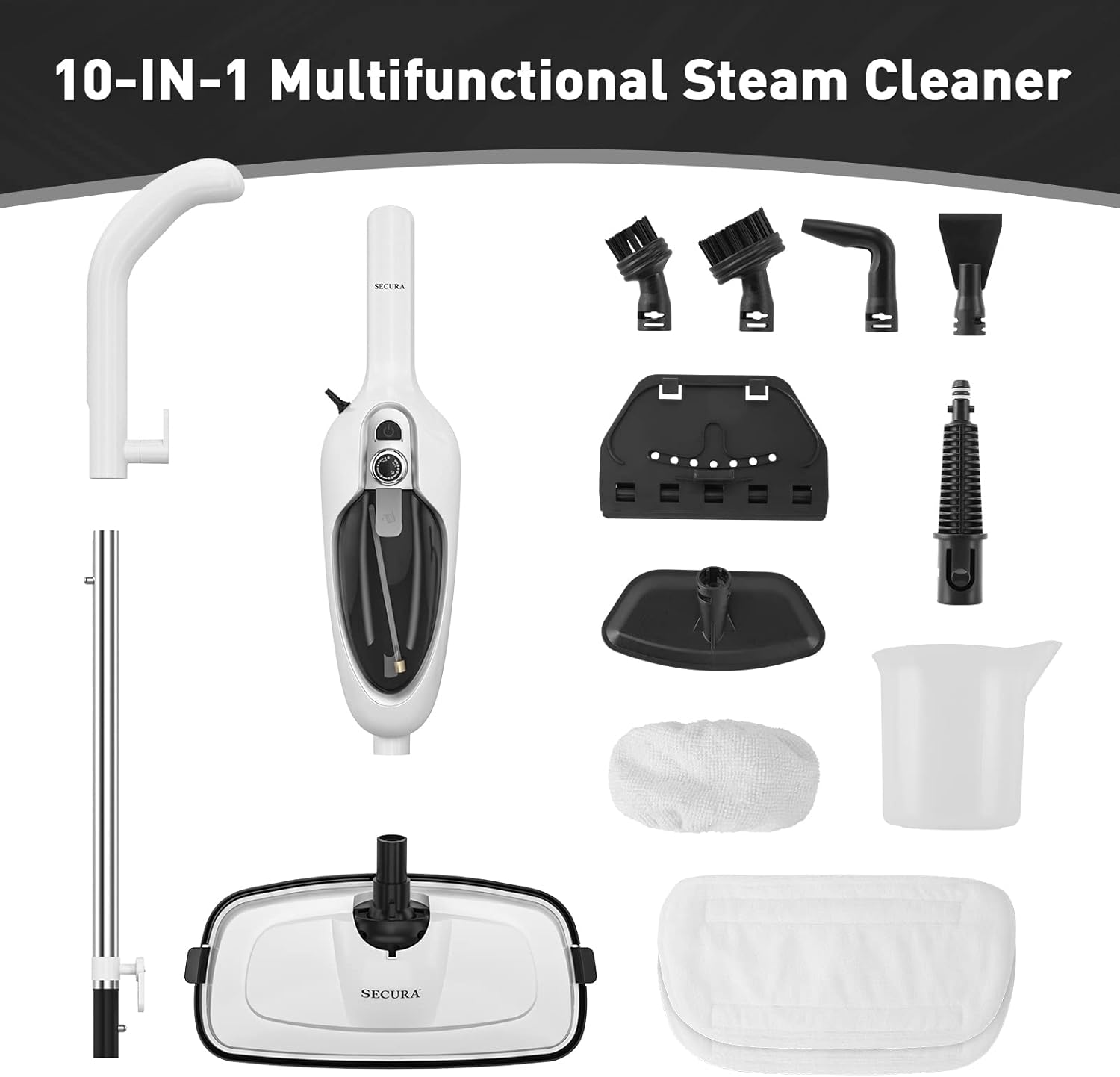 Secura Steam Mop 10-in-1 Convenient Detachable Steam Cleaner, White Multifunctional Cleaning Machine Floor Steamer with 3 Microfiber Mop Pads