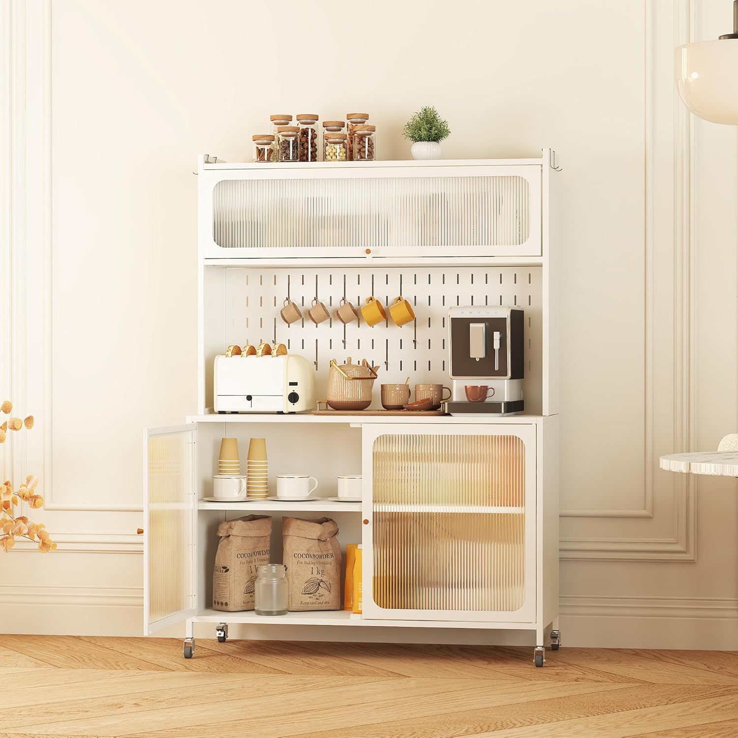 Kitchen Bakers Rack with Flip Door Cabinet, Metal Microwave Stand with Storage Cabinet and Metal Pegboard Panels for Kitchen, Pantry, Home(White)