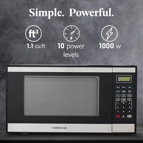 Farberware 1.1 Cu. Ft. Countertop Microwave Oven – 1000 Watts Power, Auto Cook Settings, Defrost, Easy Clean and Child Safety Lock - Stainless and Black