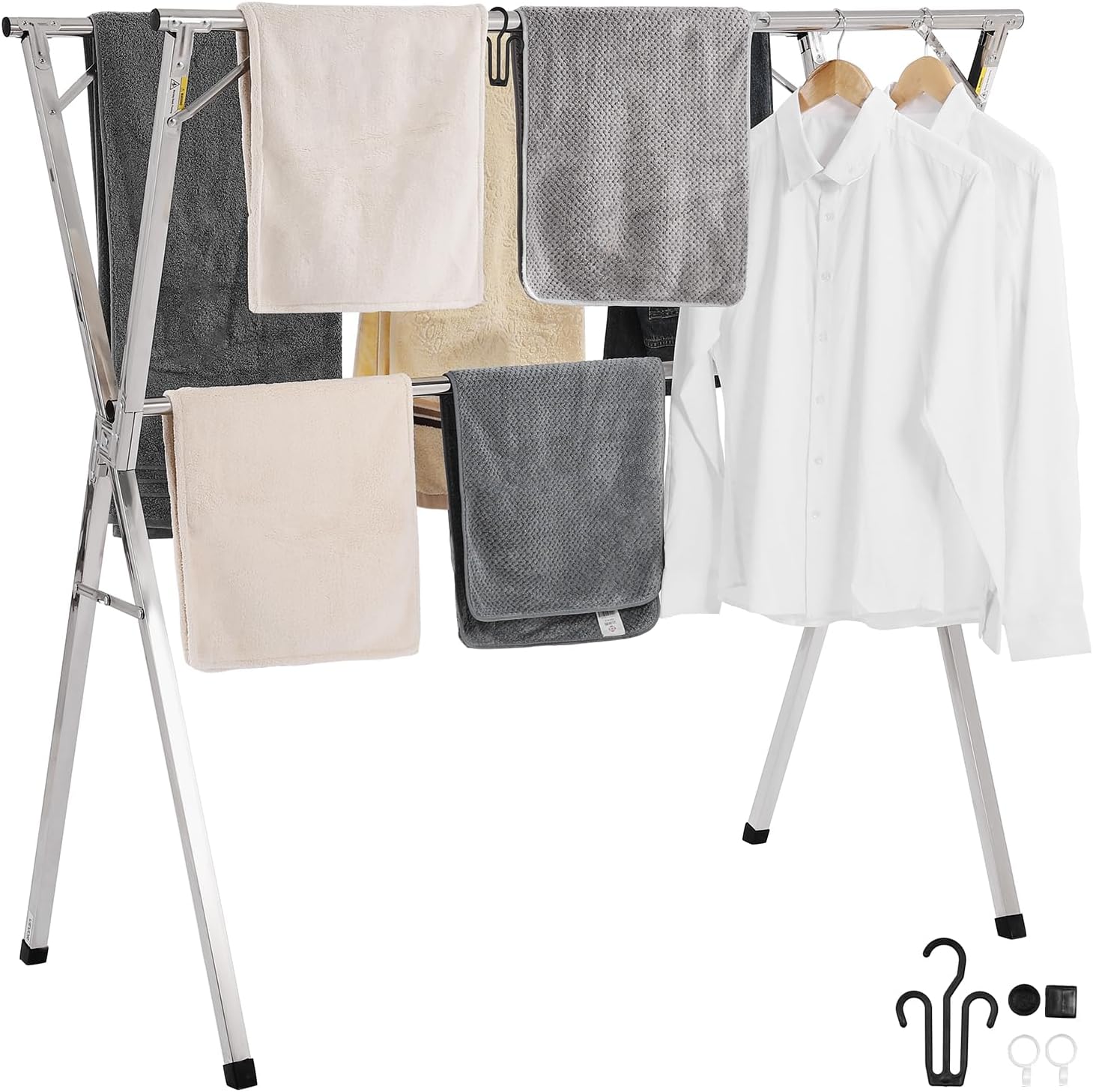 VEVOR Clothes Drying Rack, 2-Tier Telescopic Laundry Dryer Rack, Stainless Steel Drying Racks with 30 Windproof Holes and 2 Shoe Hooks, Free-Standing and Portable Hanger for Outdoor & Indoor Use