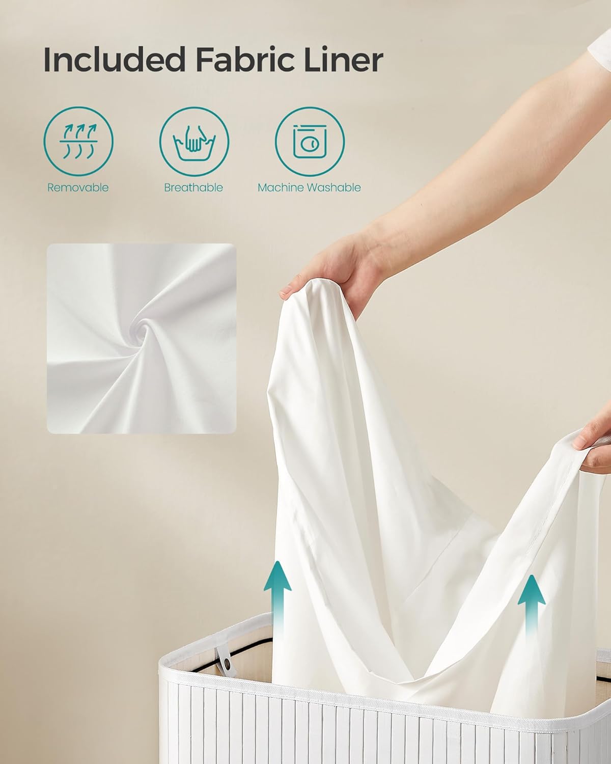 SONGMICS Laundry Hamper with Lid, Bamboo Laundry Basket, Removable Machine Washable Laundry Basket, with Handles, 26.4-Gallons, for Laundry Room, Bedroom, Bathroom, Cloud White ULCB063W01