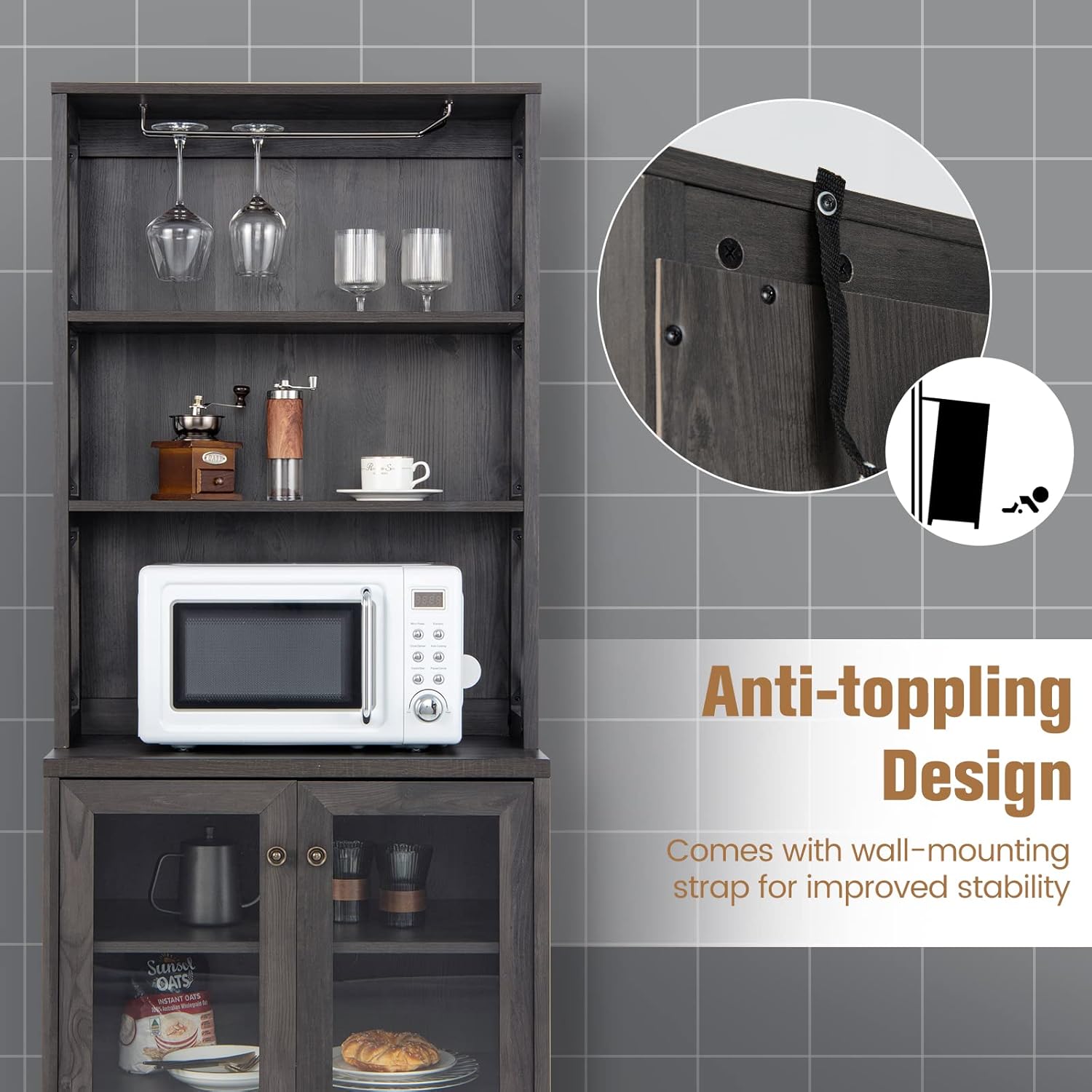 LOKO Kitchen Pantry Storage Cabinet, Farmhouse Buffet Hutch with Stemware Rack, Microwave Countertop & Tempered Glass Doors, 67.5