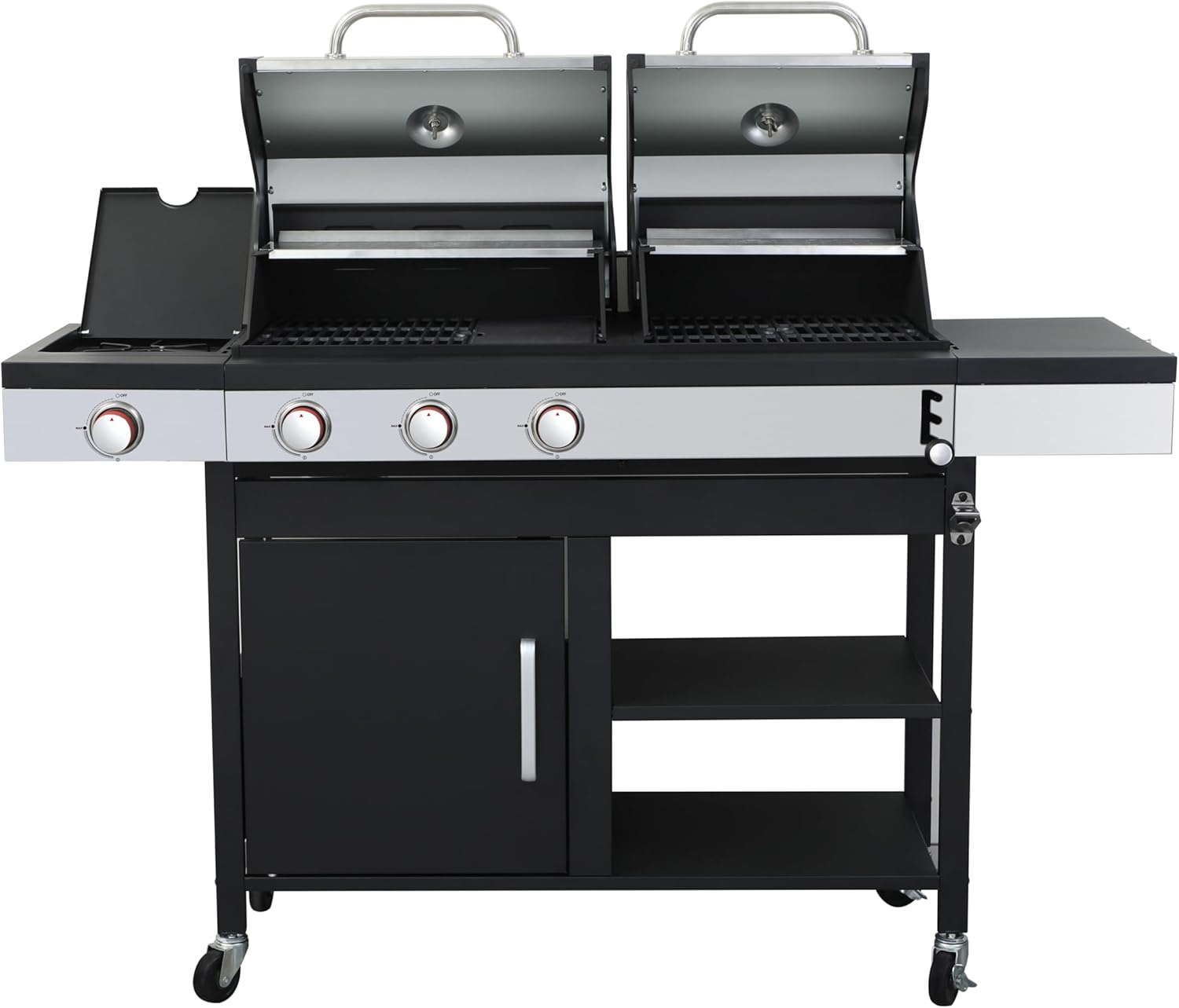 3-Burner Propane & Charcoal Hybrid BBQ Grill - 37230 BTU Stainless Steel Outdoor Grill with Side Burner, Enameled Cast Iron Grids, Lockable Casters & Built-In Thermometer