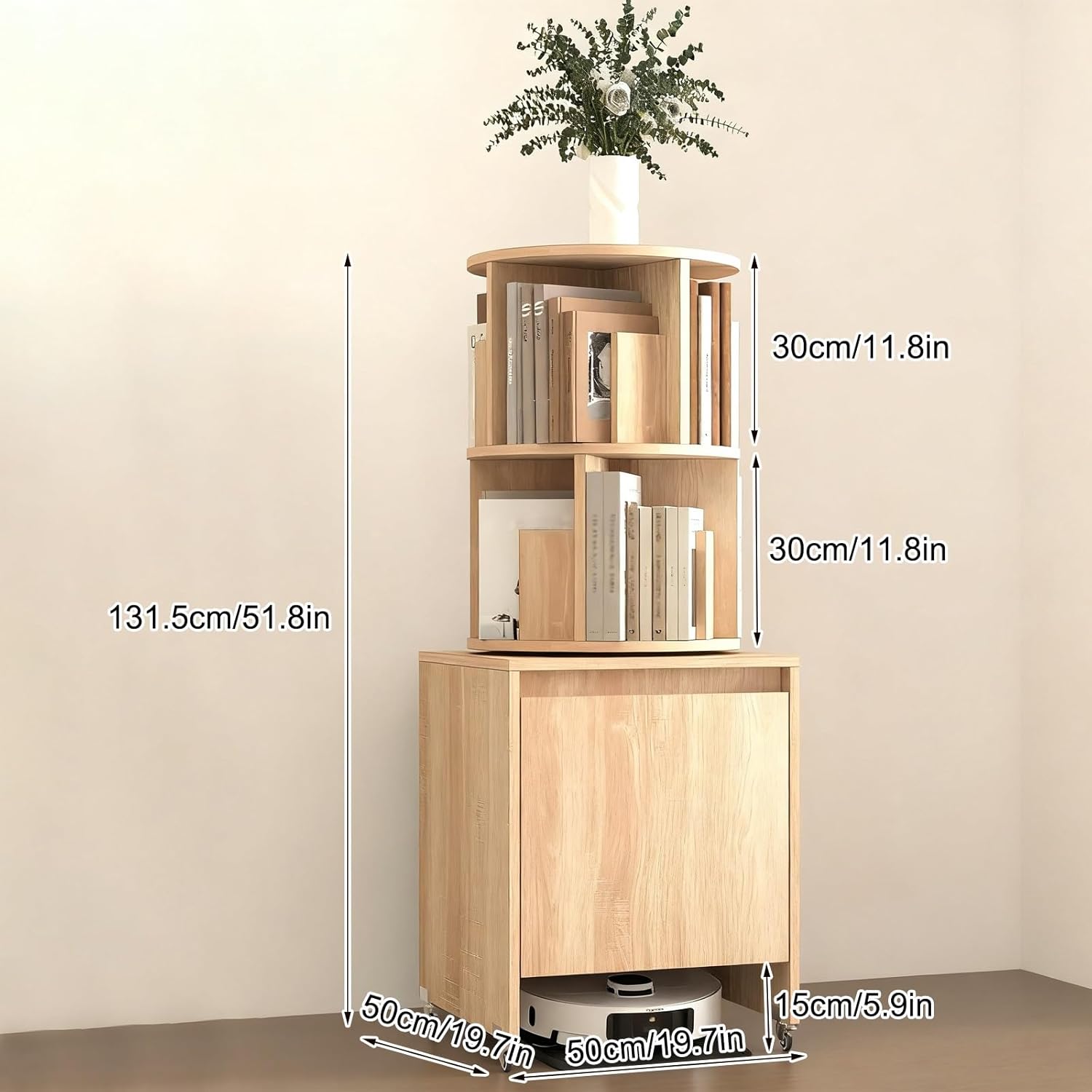 Robot Vacuum Storage Cabinet with Wheels, Mobile Vacuum Hidden Cabinet, Multi-Function Rotating Bookshelf, for Living Room Home Office Kitchen(Yellow,50 * 50 * 131.5cm)