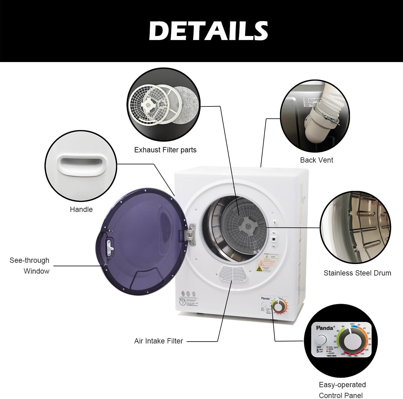 Panda Portable Clothes Dryer – 1.5 cu.ft Compact Electric Dryer, 850W, Stainless Steel Tub, 110V – Ideal for Apartments, Dorms & Small Loads