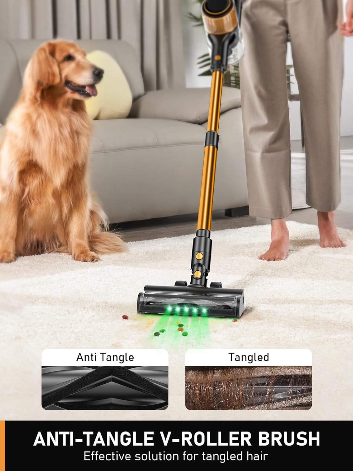 Cordless Vacuum Cleaner, 30Kpa 8 in 1 Lightweight Stick Vacuum with Sofa Brush, 350W Motor, Anti-Tangle Brush with Green Light, 40mins Runtime Rechargeable Vacuums for Hardwood Floor, Carpet, Pet Hair