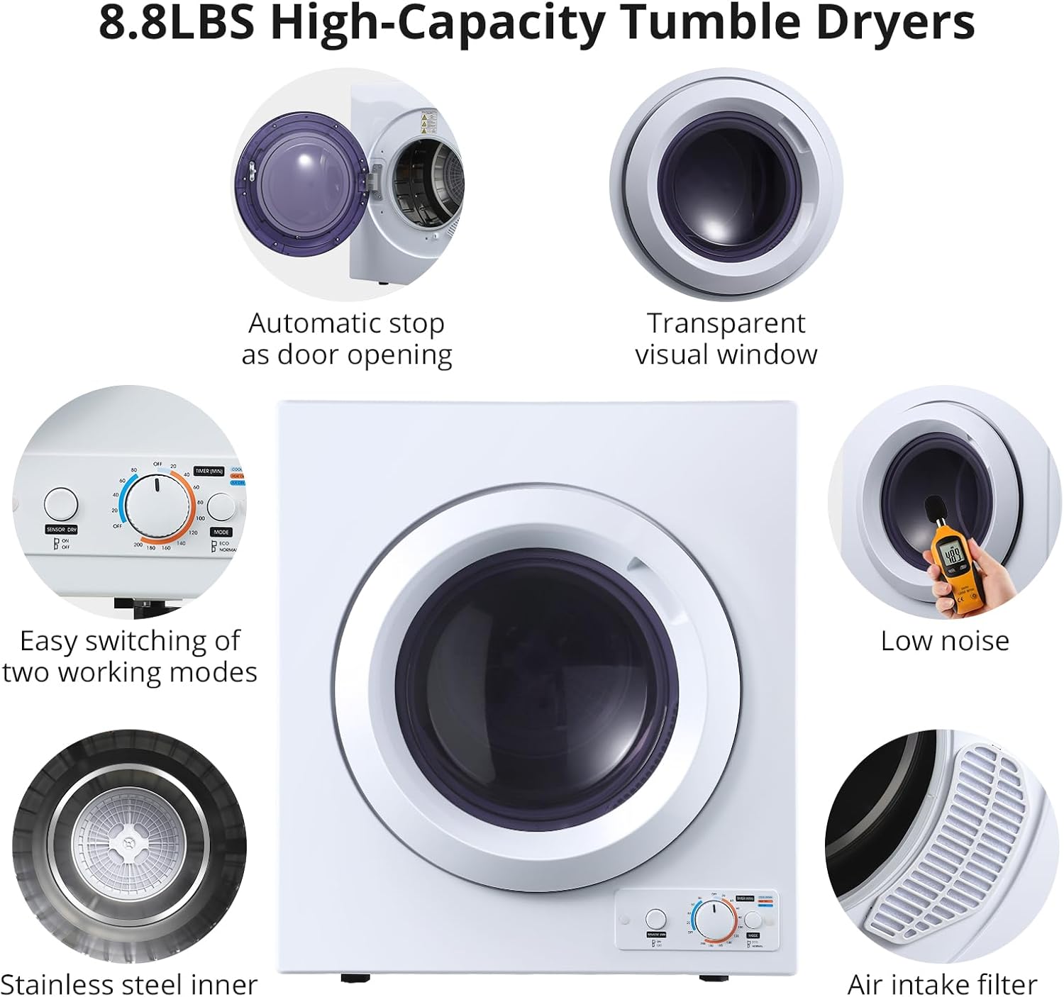 GarveeHome Portable Clothes Dryer, Compact Laundry Dryers 2.65 Cu Ft Electric Compact Dryers Machine, Front Load Stainless Steel Dryers with Stainless Steel Tub, 4 Automatic Drying Mode, White