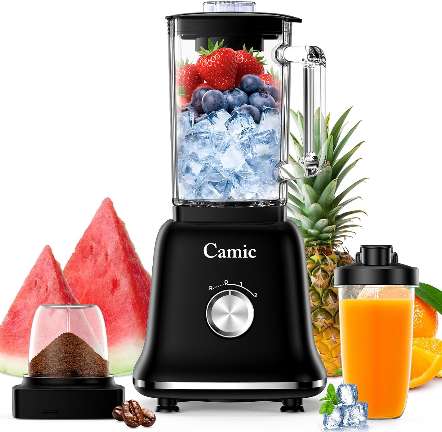 Camic 750W Professional Blender,6-Cup Glass Jar Blender for Smoothies and Shakes with 6 Sharp Stainless Steel Blades,Ice Crush Function,for Juice,Puree, Soup (Black)