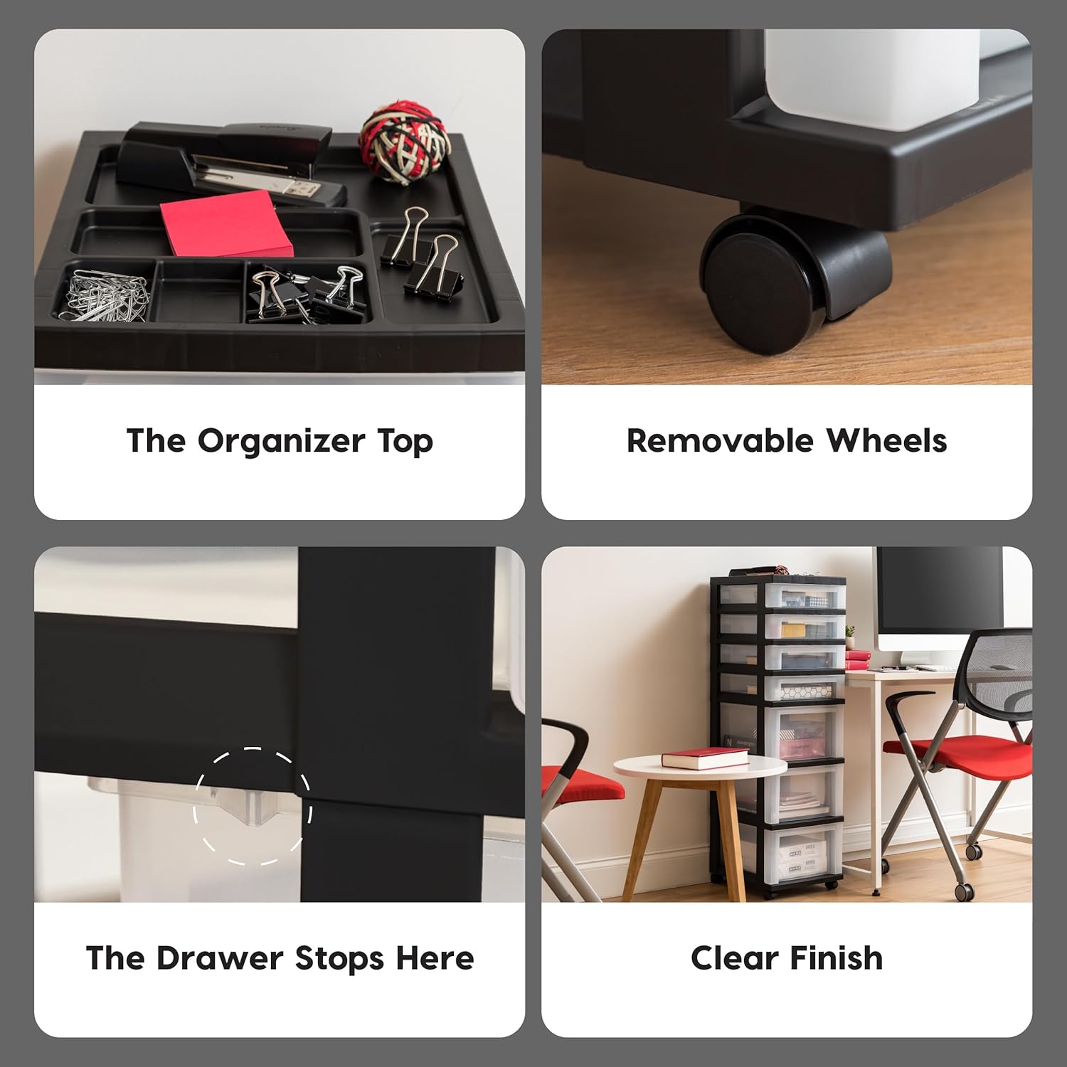 IRIS USA Plastic Drawer Storage Organizer Rolling Cart, with Wheels Casters, 7-Drawers, for Classroom Art Craft Supplies Dresser Closet Bathroom Laundry Room, Black/Clear