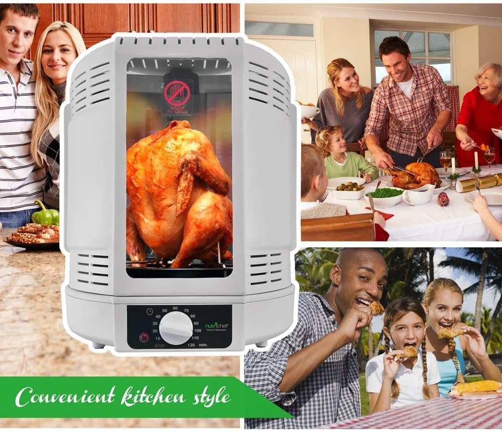 NutriChef Vertical Rotisserie Oven Roaster – Electric Shawarma & Kebab Machine with Skewers, Basket Tower, Poultry Rack, Drip Tray – For Chicken, Turkey, Lamb, Beef – (White)