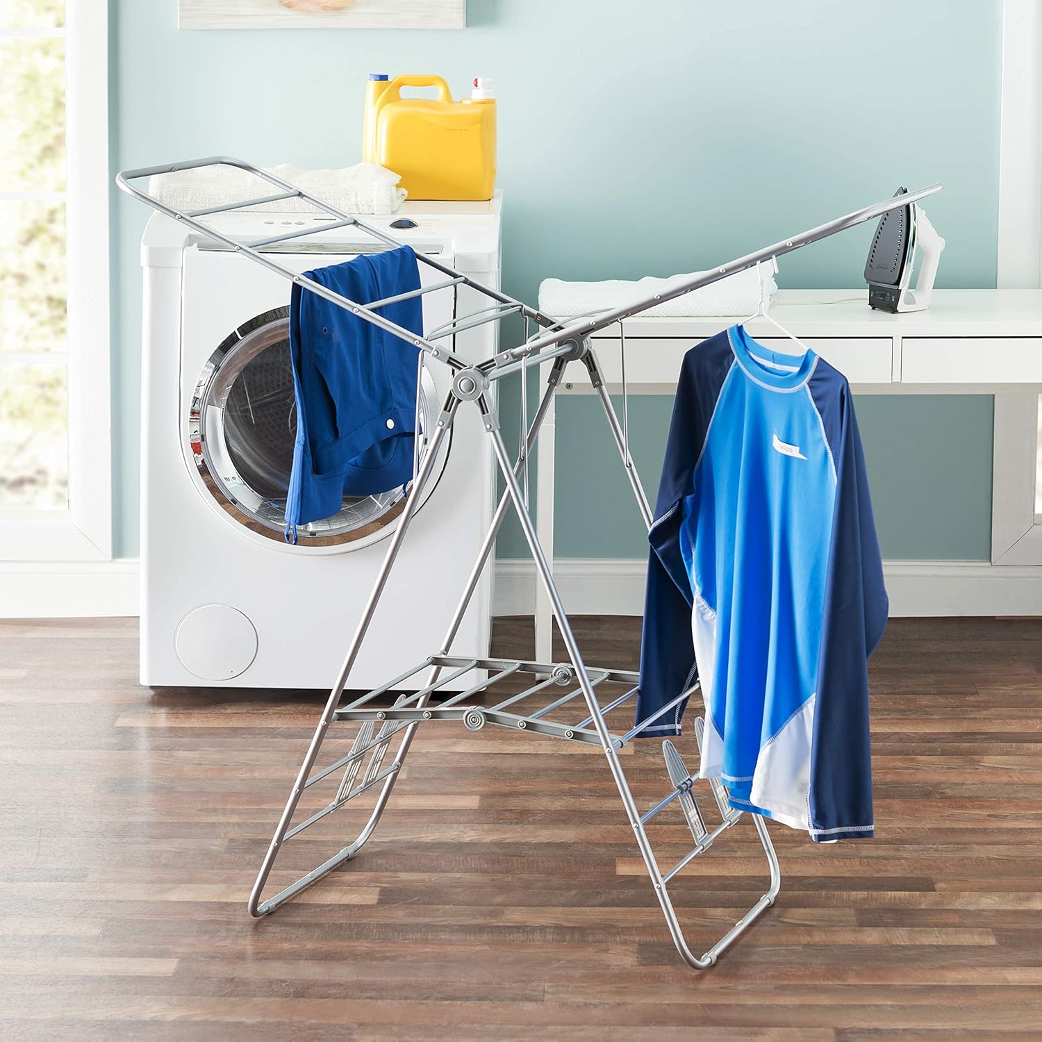 Foldable Clothes Drying Rack with Shoe Drying Area by Home Basics | Powder Coated Steel, Collapsible Design with Shelf, Ample Drying Space | Expands on Both Sides